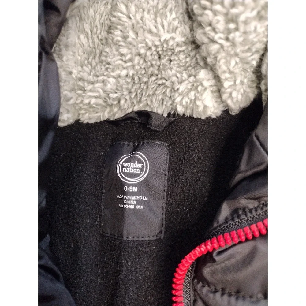 Wonder Nation Baby Hooded‎ Puffer Jacket Black Soot Red Zip 6-9M